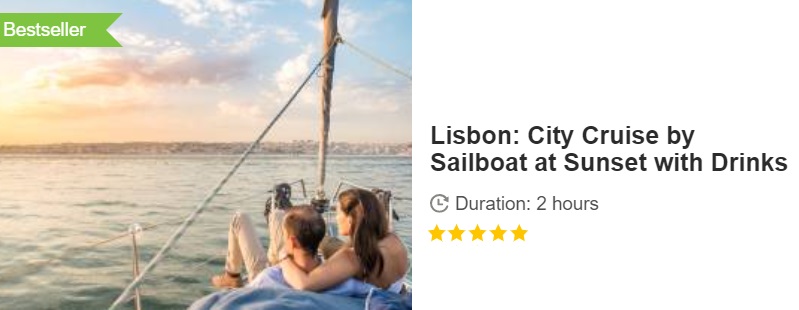 Button to buy a GET YOUR GUIDE City Cruise by Sailboat at Sunset with Drinks along the Tagus River in Lisbon, Portugal